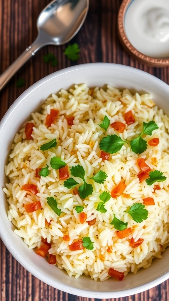 Flavorful Onion Rice Recipe A bowl of fluffy onion rice with caramelized onions and cilantro on a rustic table.
